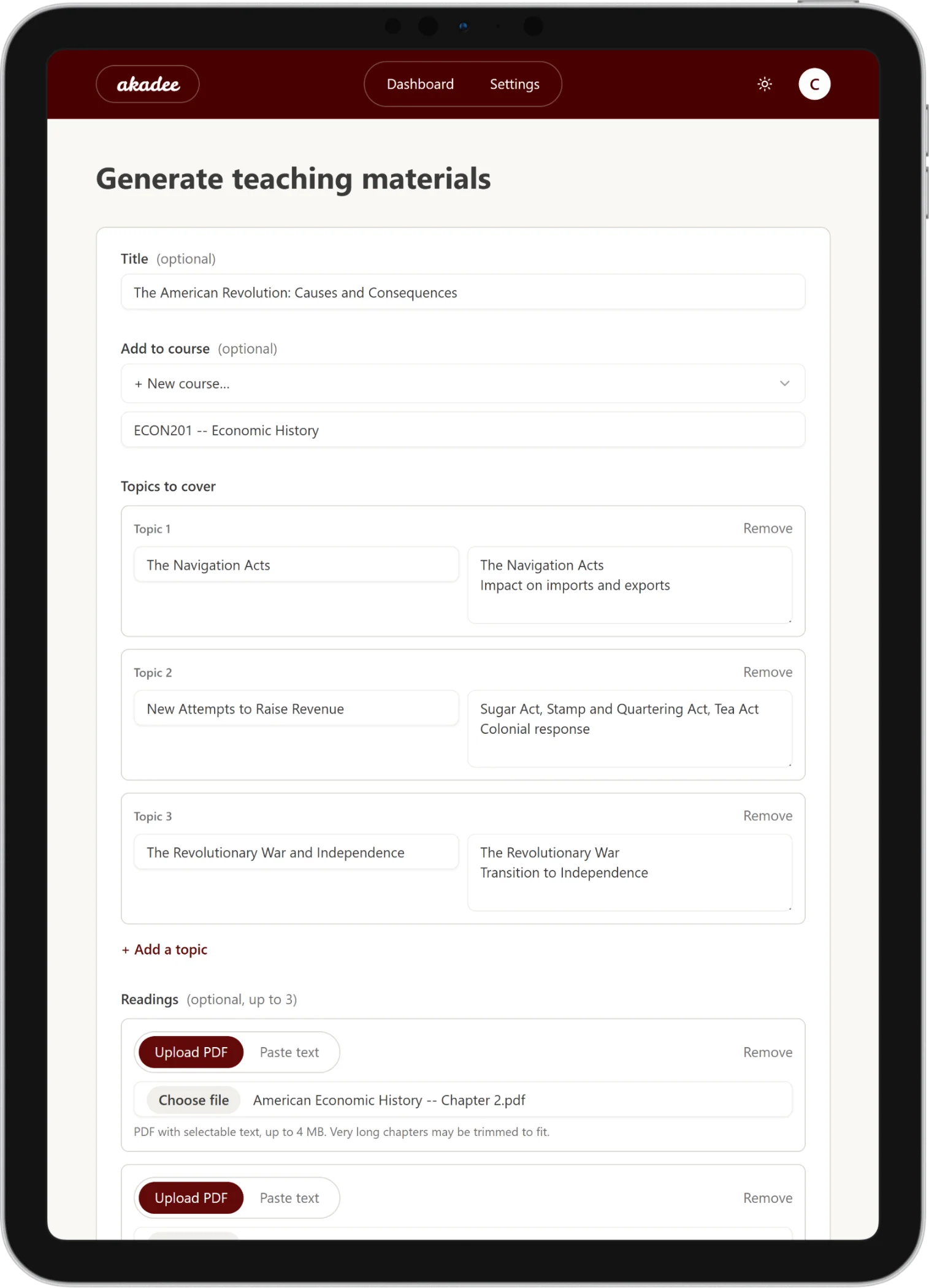 The akadee teaching-materials form on an iPad